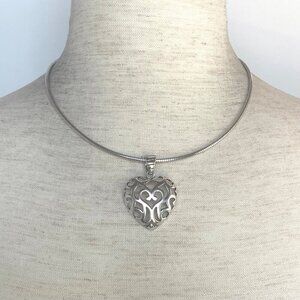 Milor Italy Sterling Silver Scrollwork Filigree Puffy Heart Pendant Necklace 18"
